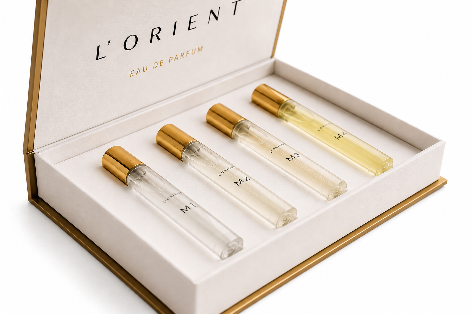 מארז ההתנסות L'ORIENT על רקע לבן – תקריב